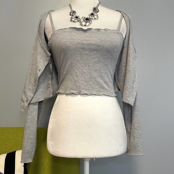 BP Grey Ribbed Crop Top Twin Set Tank & Long Sleeve Button Up NEW XS - Picture 6 of 6